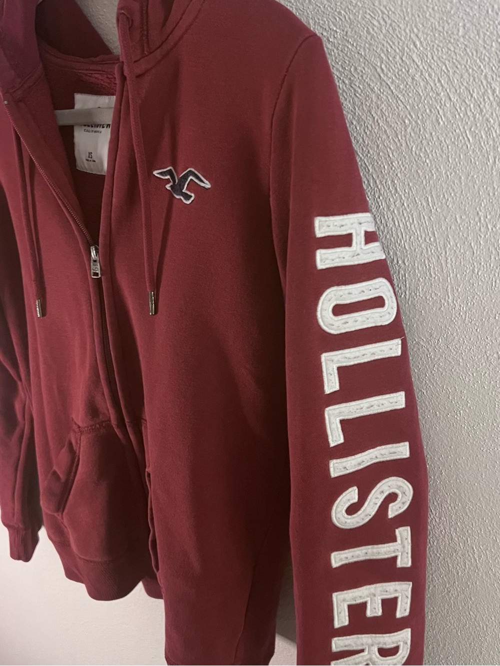 Hollister Maroon Full-Zip Hoodie with White Sleeve Logo